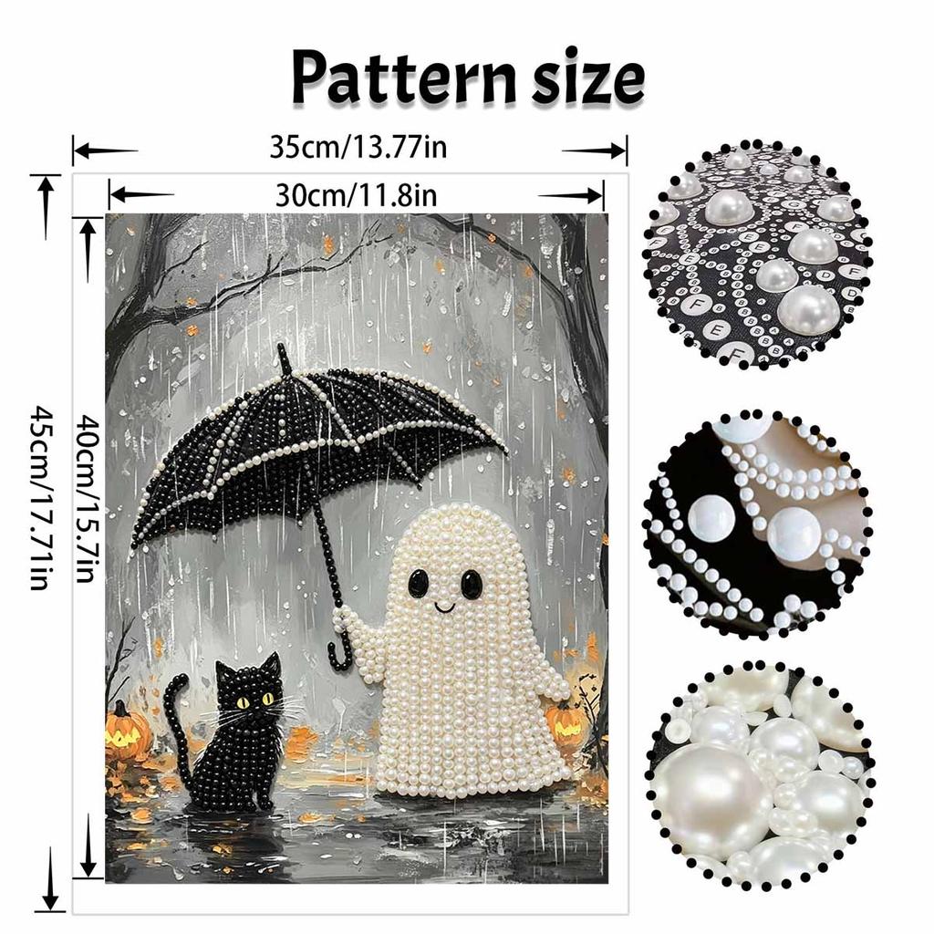 DIY Frameless Pearl Painting Kit Cute Ghost And Black Cat Umbrella Pattern 3D Shiny Bead Art Canvas Relaxing Creative Craft Gift