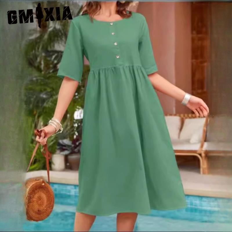 

GMXIA Женские Модные Летние Весенние Однотонные Платья с Принтом, Круглый Вырез, Завышенная Талия, Повседневные XL озеро зеленый