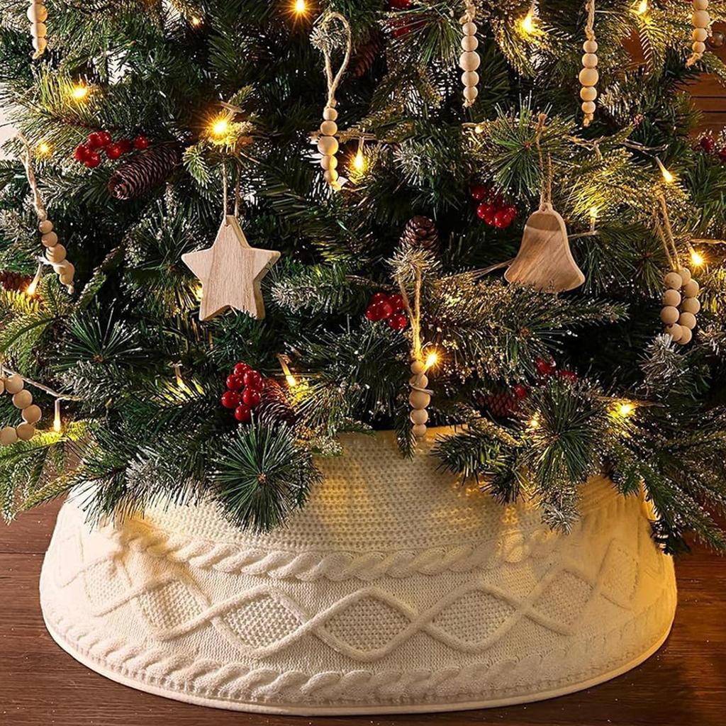 Knitted Christmas Tree Collar Cream White Rustic Farmhouse Tree Skirt Alternative Stand Base Cover for Artificial Trees Decor