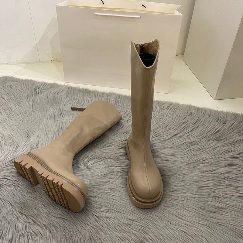 Fashion Solid Color Fleece-Lined Women's Long Boots Autumn Winter Comfortable and Elegant Trend 2025 Pu Hot Ladies Knee High Shaft Shoes