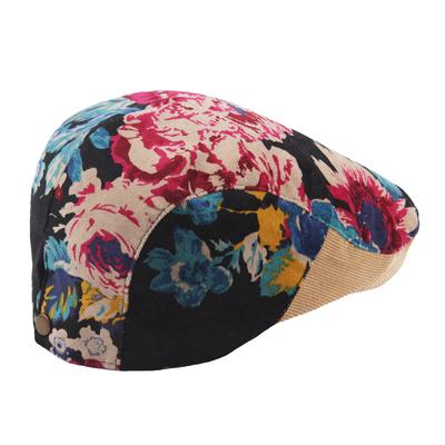 Ladies Big Flower Ethnic Wind Forward Cap Flannel Corduroy Splicing Beret Short Brim Casual Vintage Cap