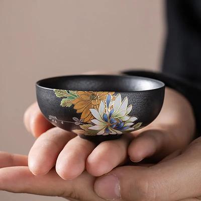 Kiln Turned Silver Black  Stamping Relief Craft Tea Cup Goupin Cup Antique Ceramic Master Cup Tea Cup Kung Fu Tea Set