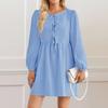 Women's Casual Fashion Lace-up A-line Pleated Long-sleeved Solid Color Short Dress