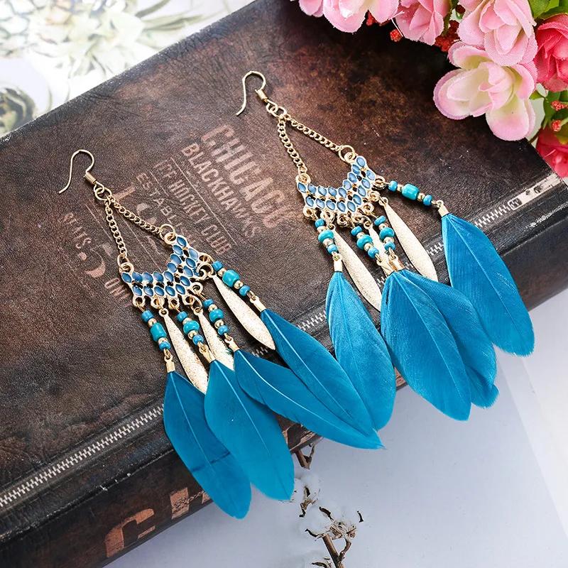 Bohemian Ethnic Feather Dangle Earrings For Women Trendy Long Tassel Colorful Beads Drop Earrings Girl Female Boho Jewelry