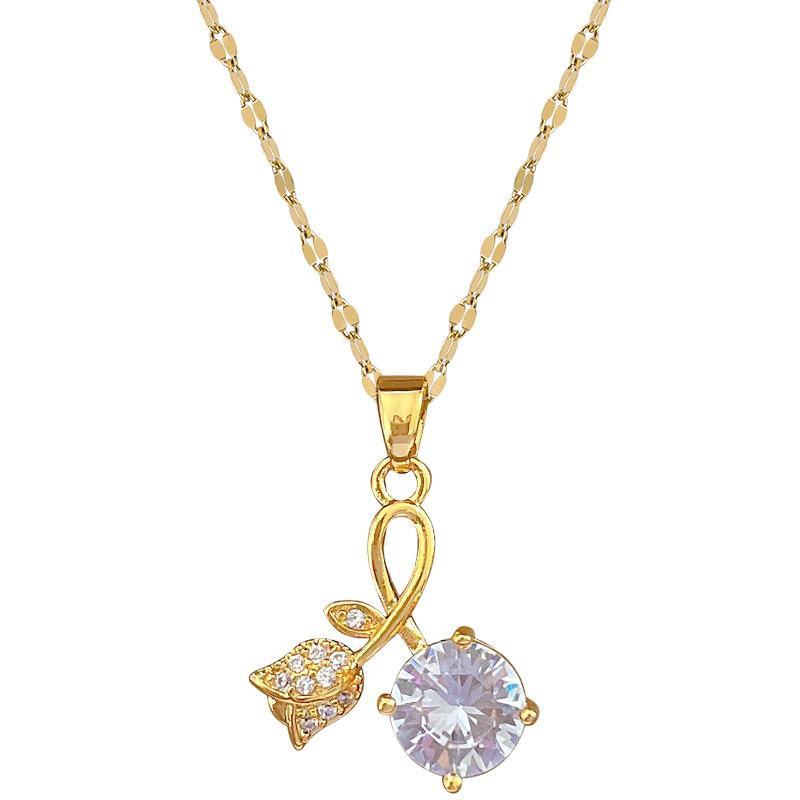 Fashionable and Cute Micro-paved White Zircon Necklace, Classic Romantic Rose Light Luxury Stainless Steel Pendant