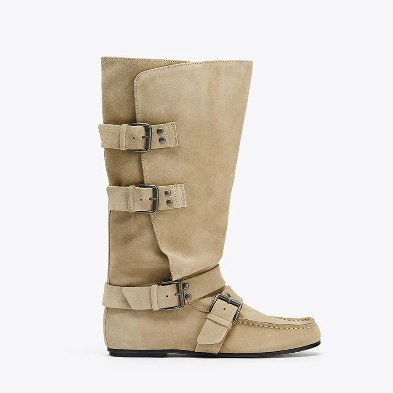Women's Suede Mid Boots Buckle Straps Retro Style Comfortable Flat Heel Fashionable  Daily Wear Versatile Autumn And Winter