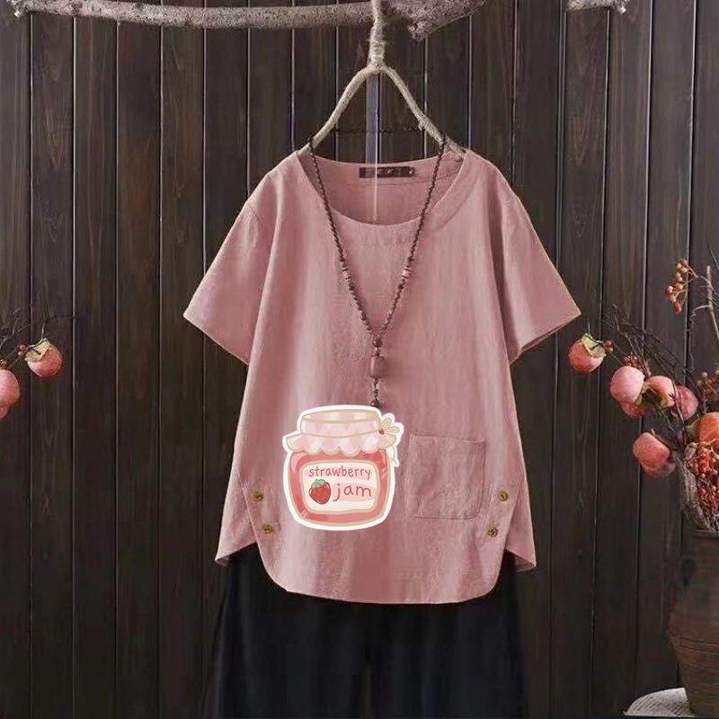 Cartoon Can Print V-neck Cotton Hemp T-shirt for Women - 2025 Summer Light Fashion