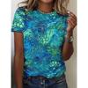 2026 Blue Base Peacock 3D Printed Colorful Casual Daily Round Neck Short Sleeved T-shirt Spring/Summer Women's Wear