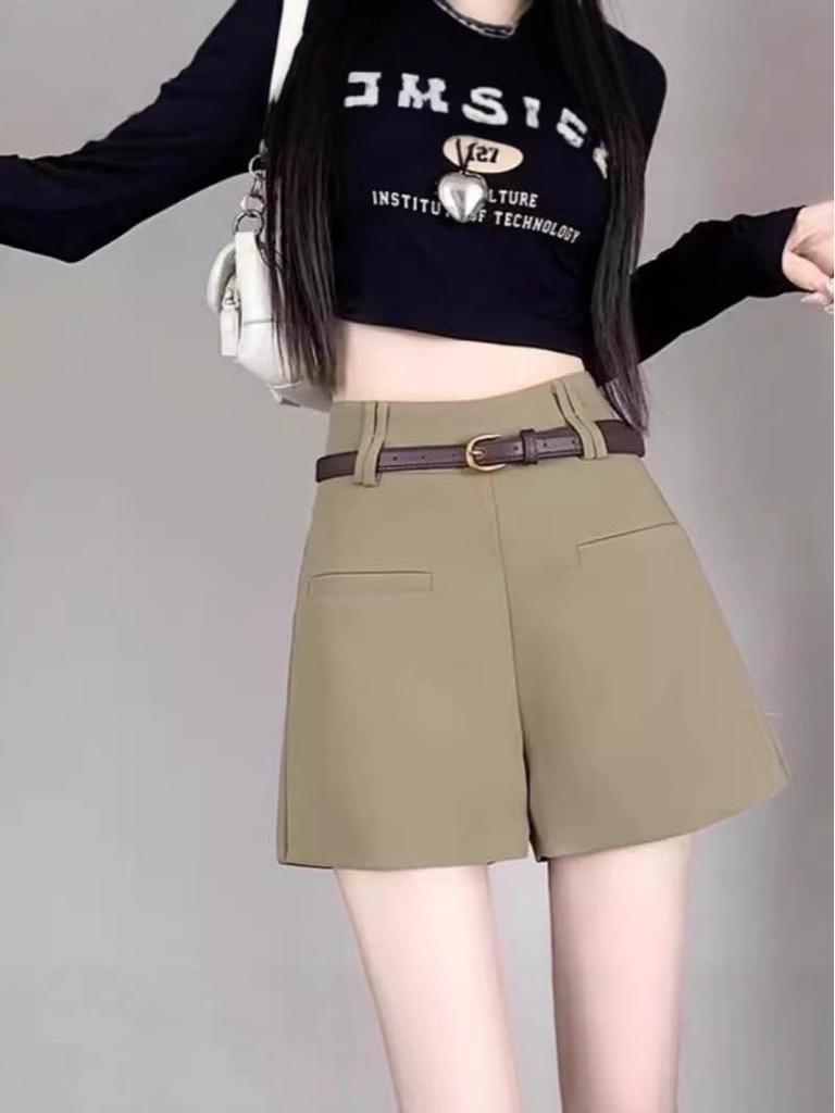 2026 Spring/Summer Women's Grey A-Line High-Waisted Wide-Leg Suit Shorts