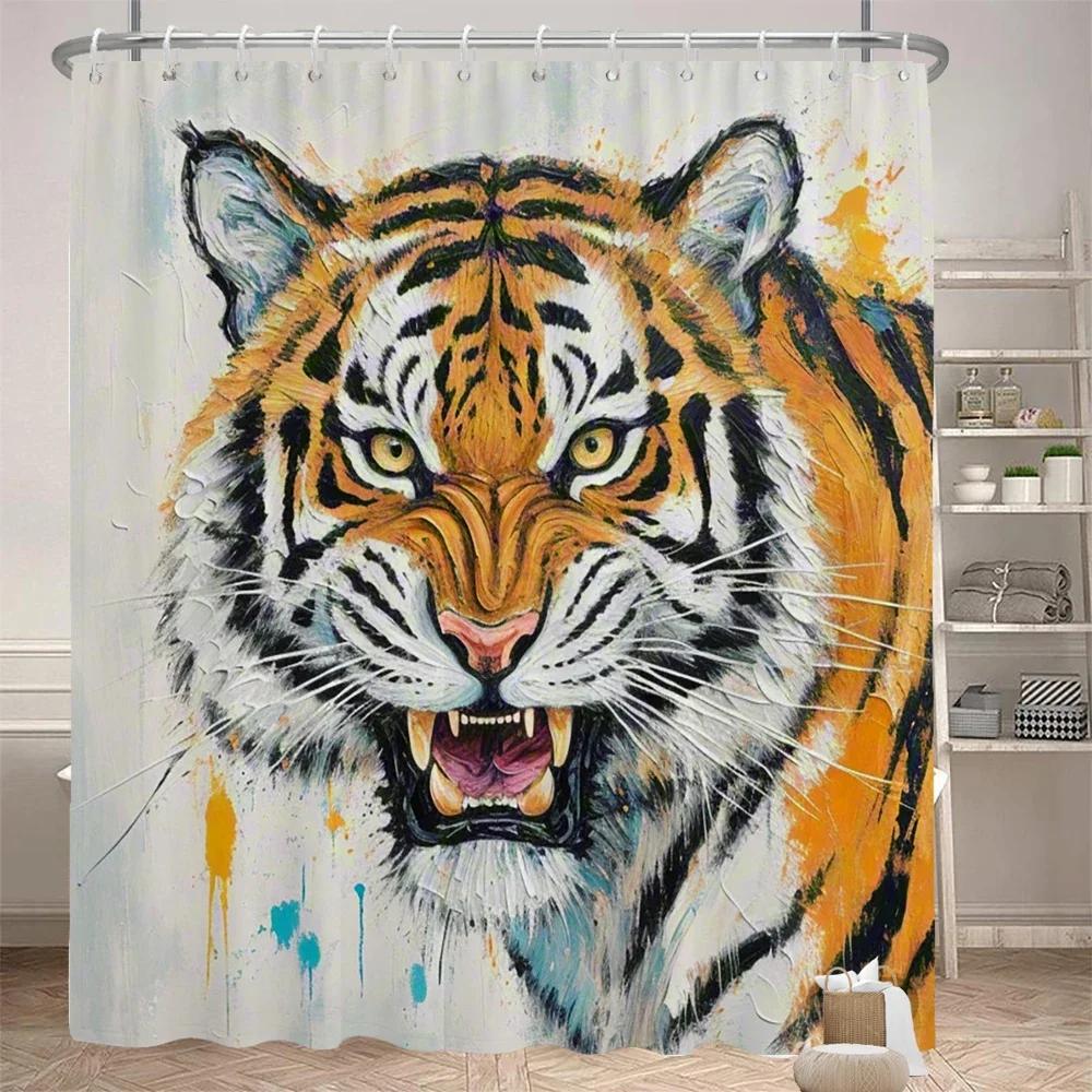 Funny Shower Curtain Bathroom Partition Curtain Printed Fabric Amusing and Creative Animal Decorative Curtain with Hooks