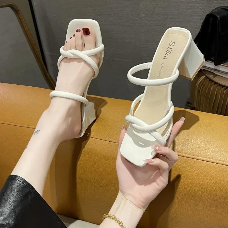 Fashion New Summer Fashion Versatile Women's Slippers Wear Outside Womens High Heels Retro Thick Heel Female Pumps