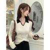 Korean Color Block Polo Collar Long Sleeve Sweater for Women - Winter Slim Fit Base Layer