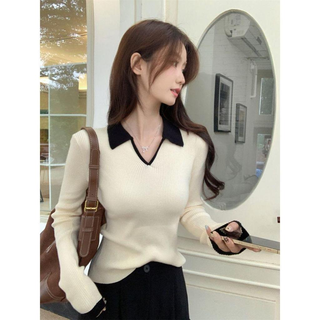 Korean Color Block Polo Collar Long Sleeve Sweater for Women - Winter Slim Fit Base Layer