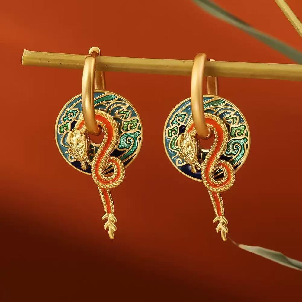 Chinese Dragon Pattern Enamel Dangle Earrings: Retro Palace Style, Multi-wearable Drip Glaze Earrings for Women