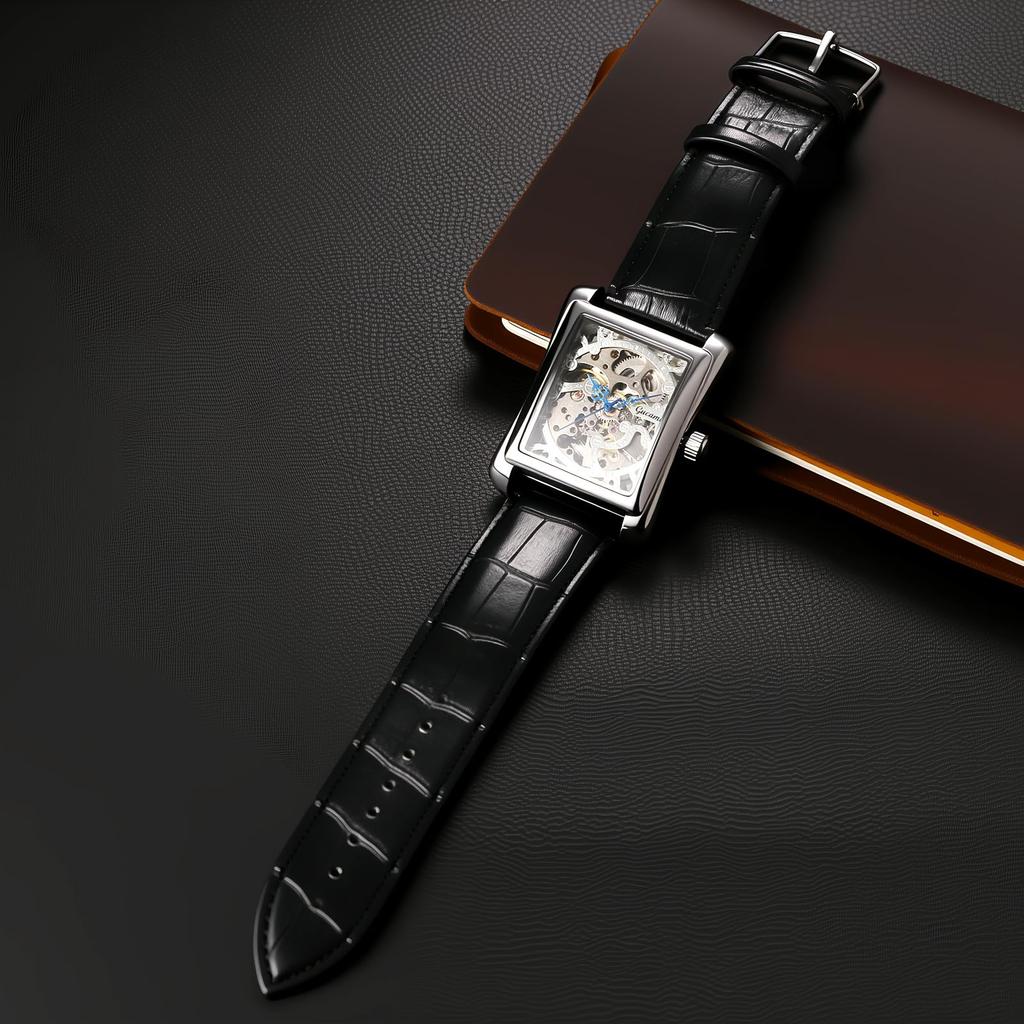 Reloj Skeleton para Hombre, Automático, Correa de Cuero, Resistente al Agua, Estilo Antiguo, Analógico, Diseño Cuadrado, Accesorio de Moda, Día de San Valentín, Navidad,