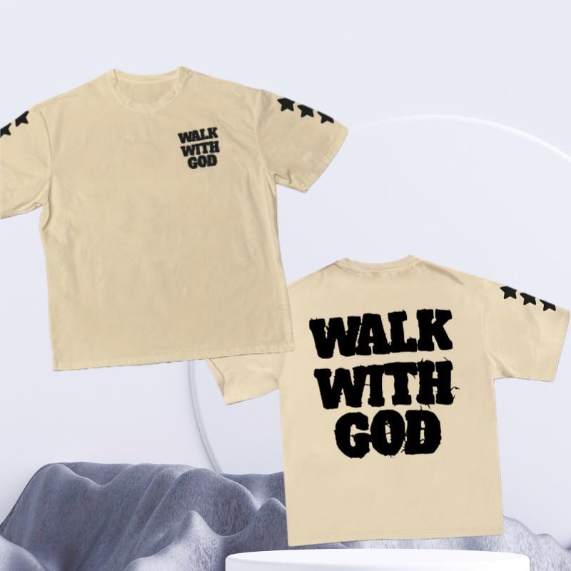 Spring and Summer Mens Cotton Walk with God Letter Printed Tshirt Casual Fashion Short Sleeved Round Neck Tshirt Street Top