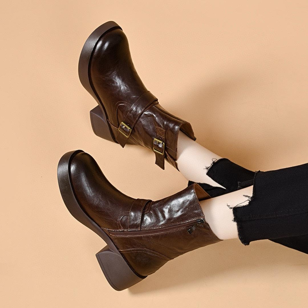 

Женские полусапоги 2025 осень и зима круглый носок толстый каблук ботинки Мартин двухбортные с пряжкой ремня повседневные кожаные ботинки европейские и американские 40