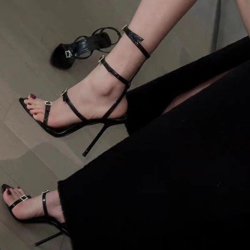 Spring and Summer New One-word Buckle Rhinestone Open-toed Sandals Temperament Celebrity Sexy High Heels Cut Men's Stilettos