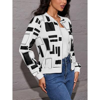 Geometric Print Zip Up Bomber Jacket, Casual Long Sleeve Jacket for Spring & Fall, Women's Clothing