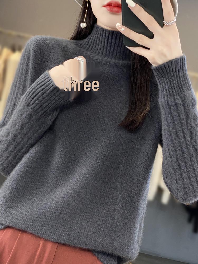 Women's 100% Pure Wool Half-High Collar Knit Sweater for Autumn and Winter