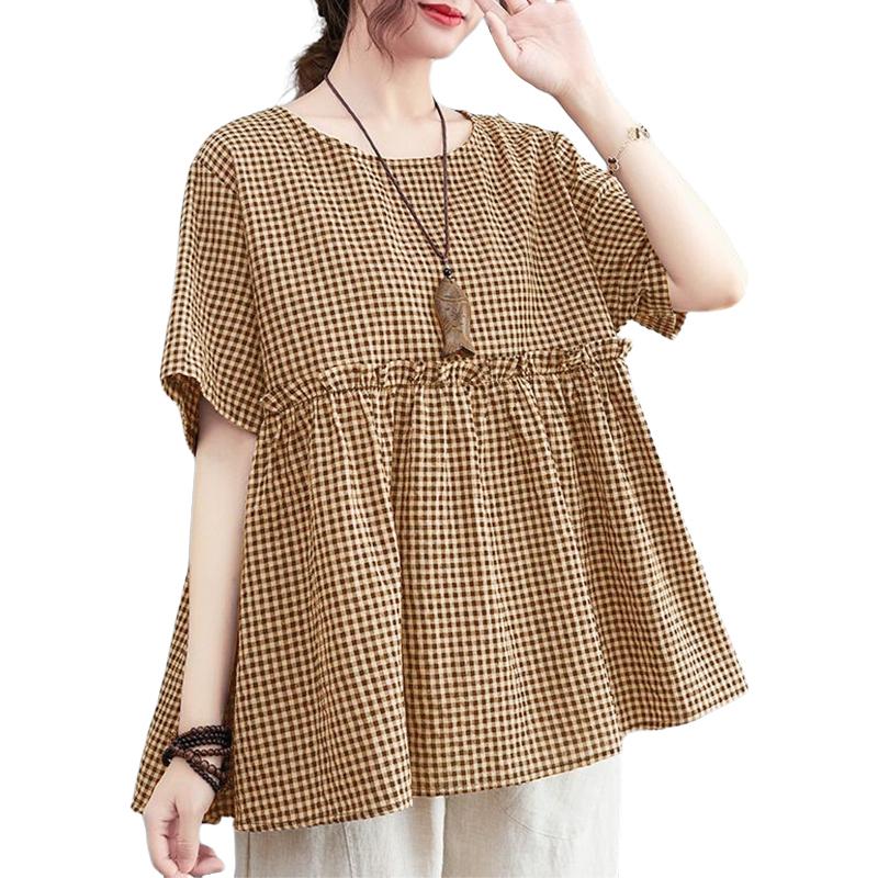 ZANZEA Women Casual Round Neck Summer Short Sleeve Plaid Print Blouse
