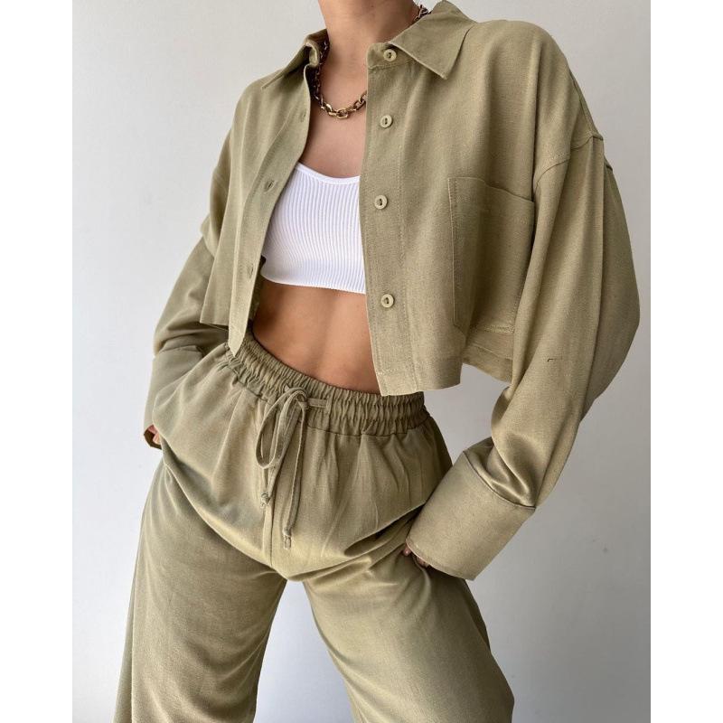 

Комплект рубашки с длинным рукавом и брюк на кулиске однотонного цвета, европейский и американский стиль, 2025 год Large