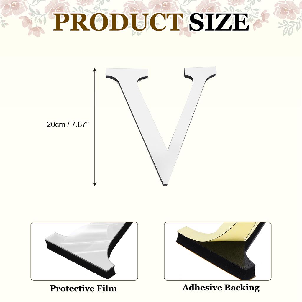 20cm 3D Mirror Acrylic Wall Sticker 26 English Letters Wall Sticker Decals Self-Adhesive Wall Art Mural Home Party Silver