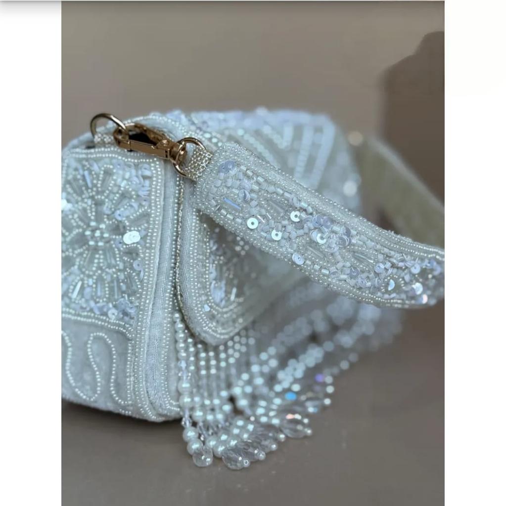 Handmade Beaded Bridal Clutch White Pearl & Sequin Evening Bag with Fringe Elegant Wedding Purse Handmade Party Bag Gift for Her