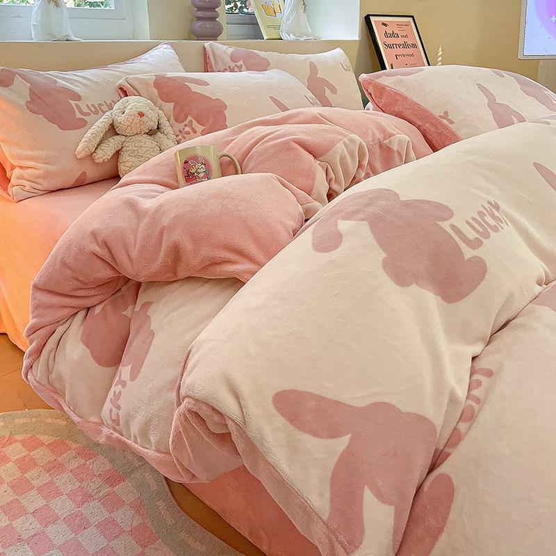 Thickened Milk Fleece Four-Piece Warm Coral Fleece Bed Sheet Quilt Cover Fleece Bedding Flannel