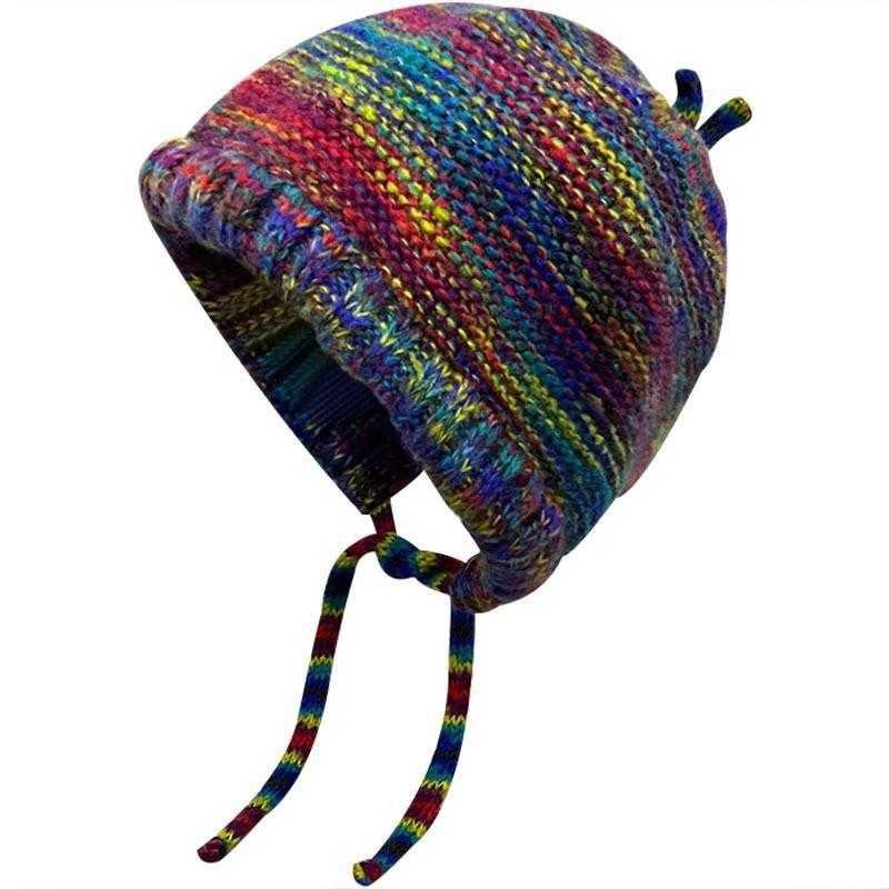 Autumn and winter warm color knitted ear protectors pullover wool hat women's face small rainbow tied hat