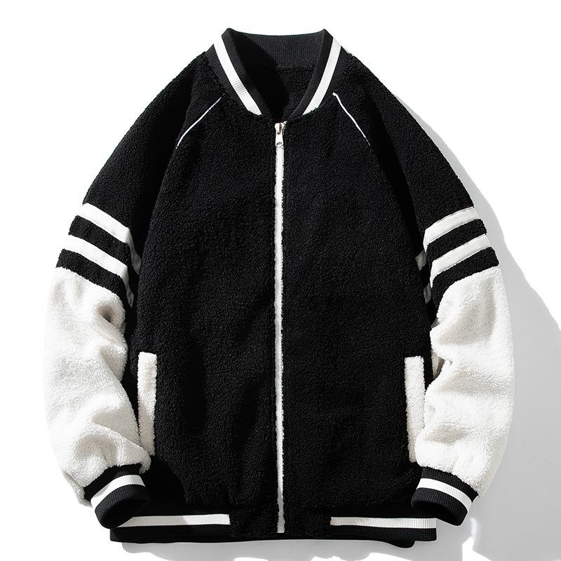 Men's winter new lamb wool harbor style splicing baseball jersey men's and women's loose couple ins jacket student
