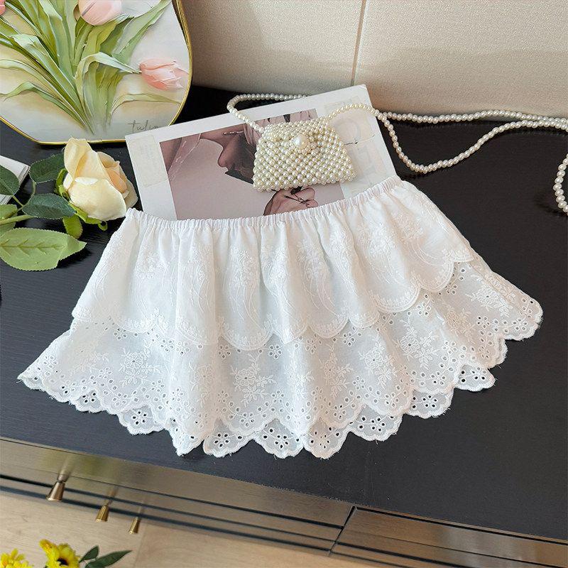French Embroidered Crochet A-line Ruffle Skirt for Women One Size белый