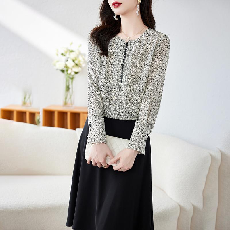 

Женская блузка из двойного крепа, с длинными рукавами, весенняя одежда, новая, с круглым вырезом, с цветочным принтом, топ из 100% шелка тутового шелкопряда, темпераментная рубашка 2XL