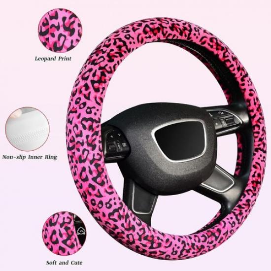 Leopard Plush Steering Wheel Cover for Woman Girl, Universal 15 Inch, Pink