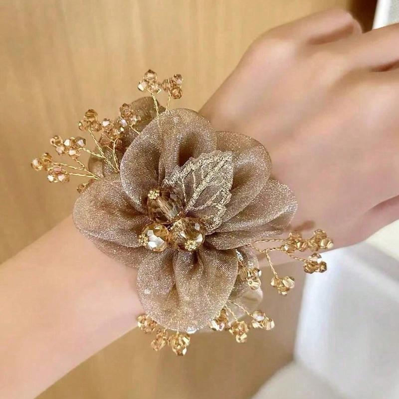 

1 шт. Новая резинка для волос с цветочным и лиственным дизайном и стразами, модный аксессуар для волос с элегантным видом