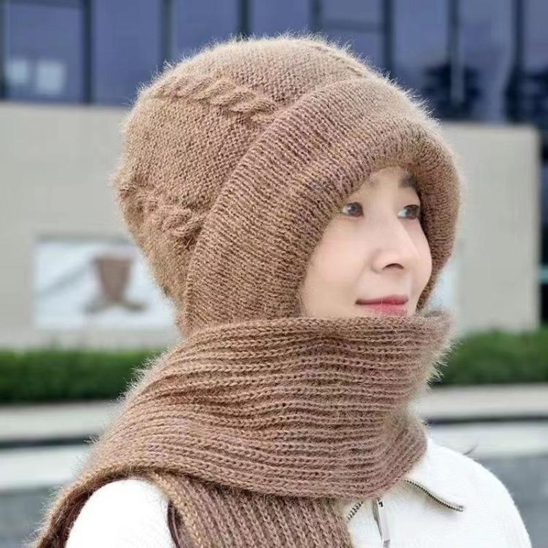 Hat Autumn and Winter Women's Cold-proof Hat, Scarf Integrated Middle-aged Mother Hat, Warm Hat, Ear Protection, Wind and Cold Wind and Snow Hat