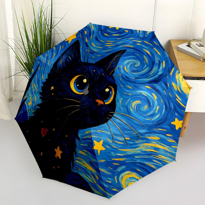 1pc Starry Night Cat Automatic Umbrella - Stylish, Durable, with 8-Rib Manual Open Design, Elegant Black Handleyy250920166