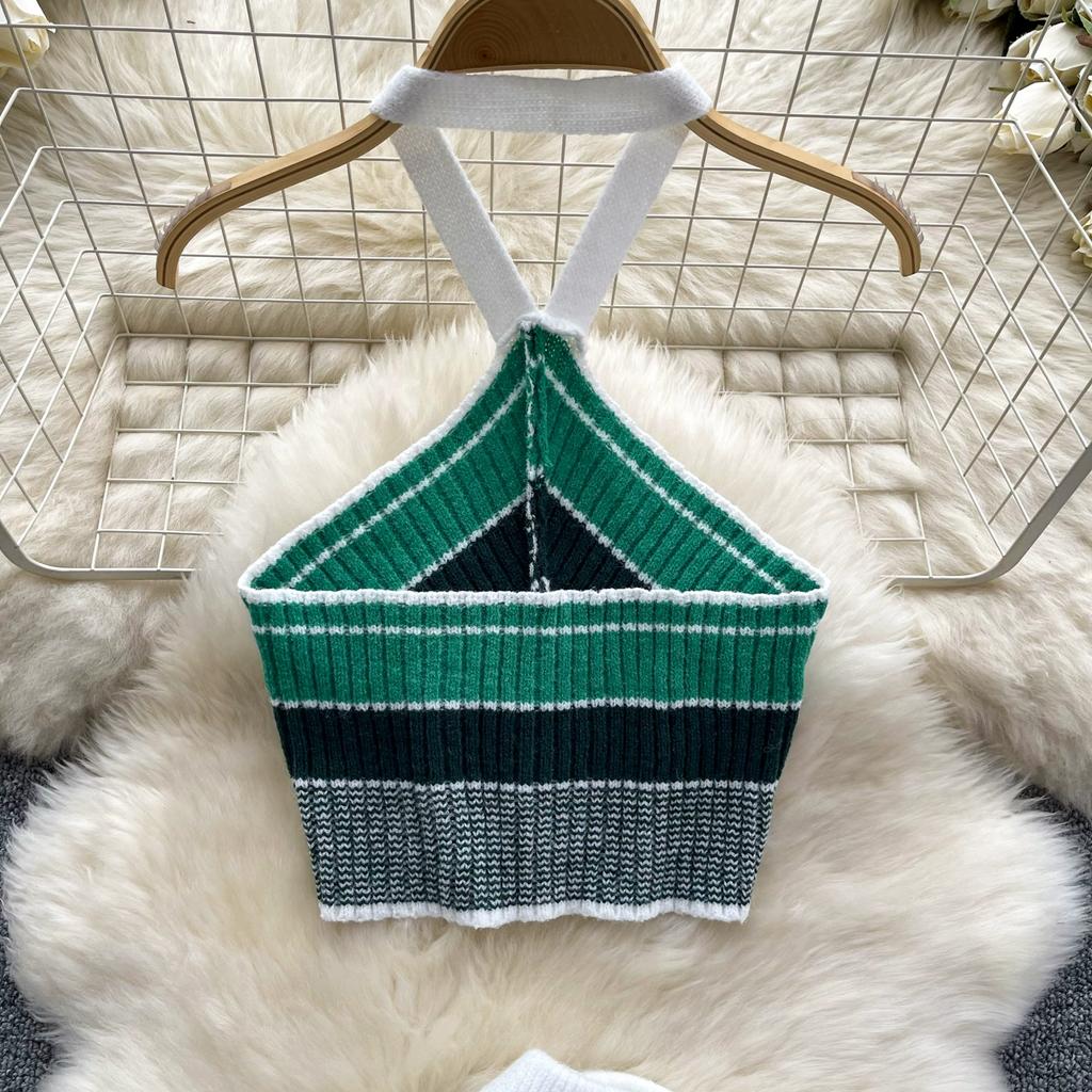 Summer Women Sexy Knitted Striped Sweater Halter Tops Vest and Mini Short Bodycon Sheath Skirt Two Piece Set
