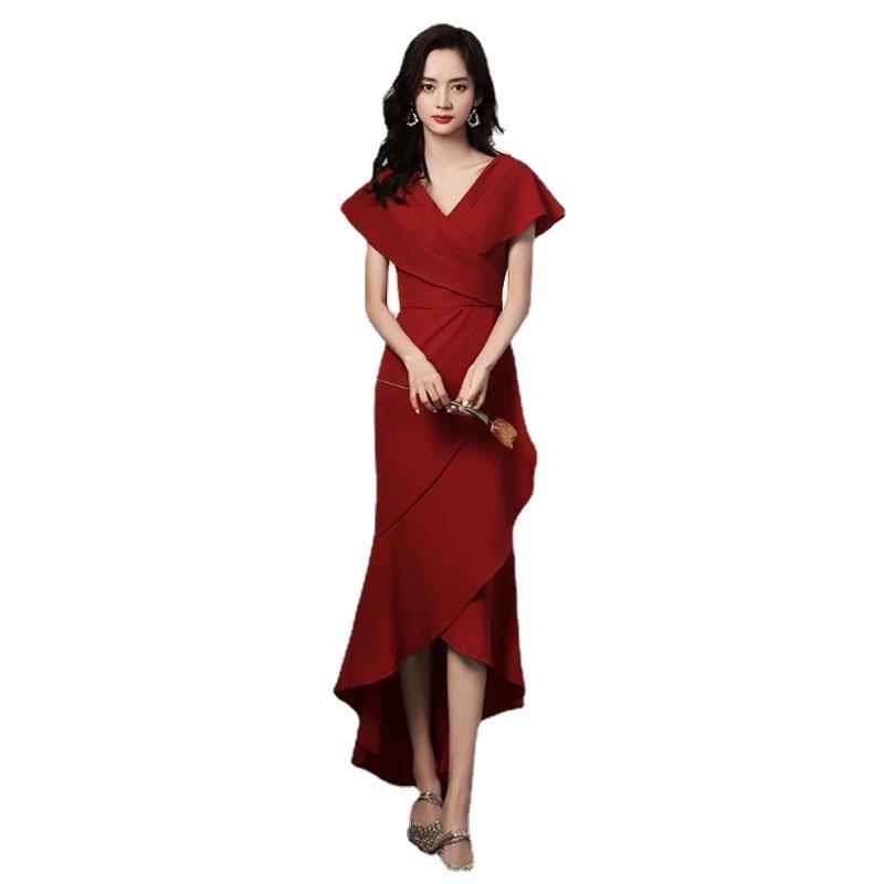 Red Evening Dress Host Advanced Daily Wear Niche Fish Tail Beautiful Waist Banquet Irregular Dress