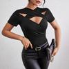 2025 Frühling/Herbst V-Ausschnitt Schlank Sexy Kreuz-Design Ausgeschnitten Kurzarm T-Shirt