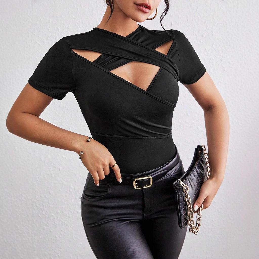 2025 Frühling/Herbst V-Ausschnitt Schlank Sexy Kreuz-Design Ausgeschnitten Kurzarm T-Shirt
