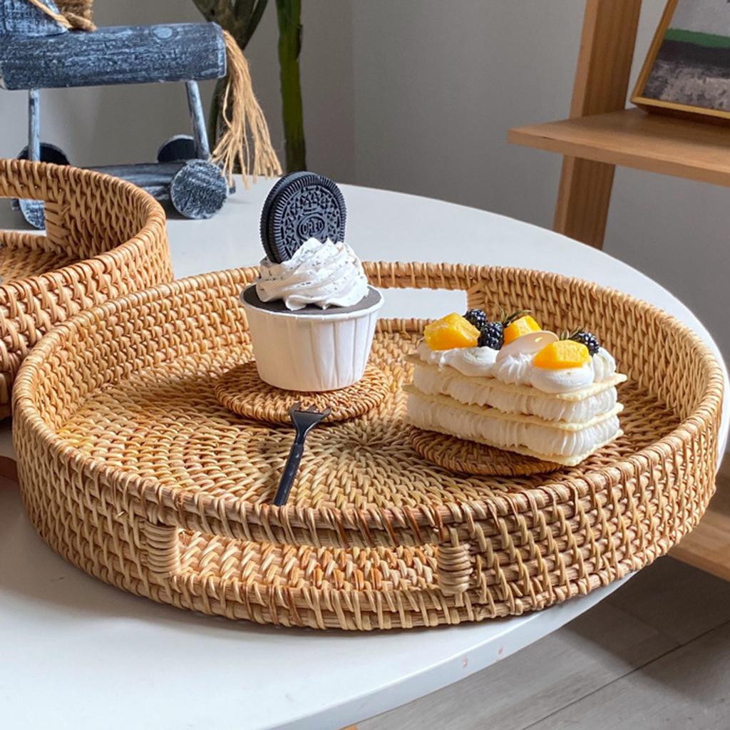 Rattan Round Serving Tray with Handle Large Capacity Sturdy Desktop Organizer Tray for Snack Bread Drink Breakfast Candle