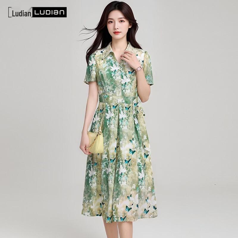 Women s Elegant Floral Print Lapel Long Dress 185/104A