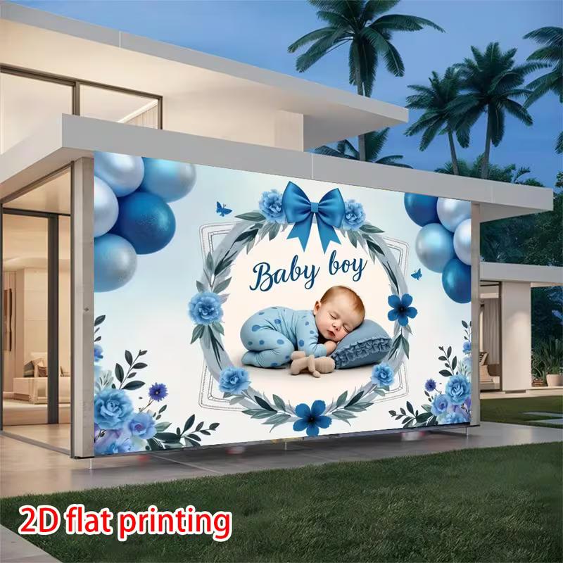 Newborn Boy Welcome Backdrop, Blue Floral Wreath and Balloons Design for Baby Shower Decoration