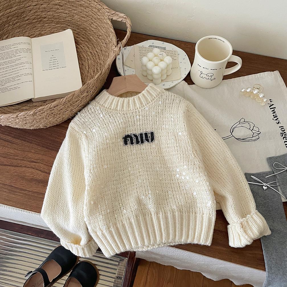 Girls' clothing autumn and winter new pullover top girls trendy heavy industry sequined letter embroidered sweater