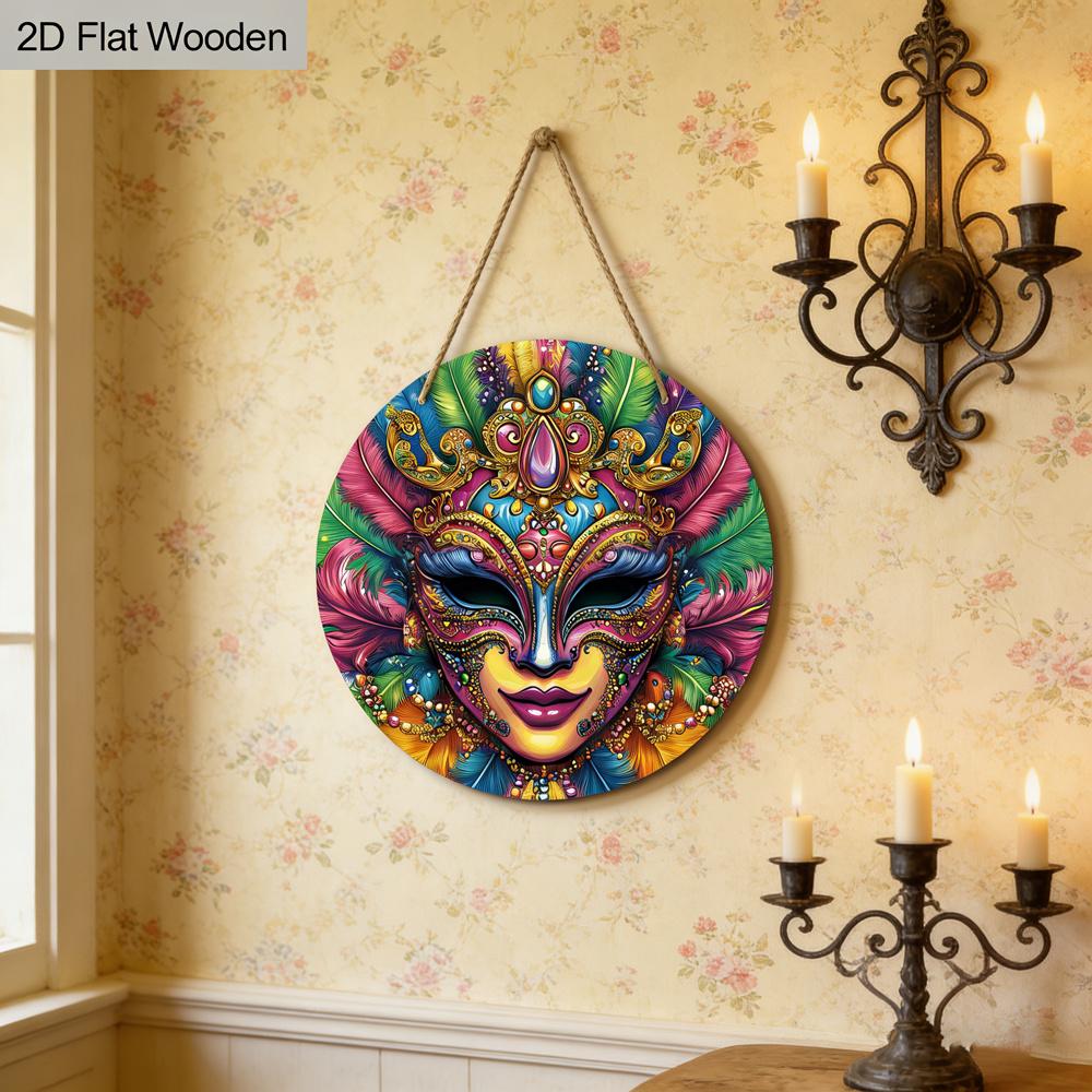 2D Flat, 1pc Mardi Gras Colorful Mask Wooden Sign, Mardi Gras Decoration, Holiday Hanging Decoration, Perfect for Prom Party Decoration, Home