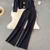 Otoño Invierno botones dorados cuello en V cárdigan con bolsillo suéteres de punto + Pantalones de pierna ancha chándales conjunto largo de dos piezas