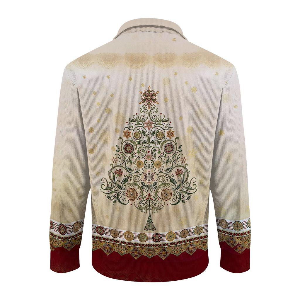 Men's Christmas Cotton Pullover Long Sleeve Outdoor Shirt Vintage Corduroy Button Stand Collar Shirt Casual Sweatshirt Christmas Print Top