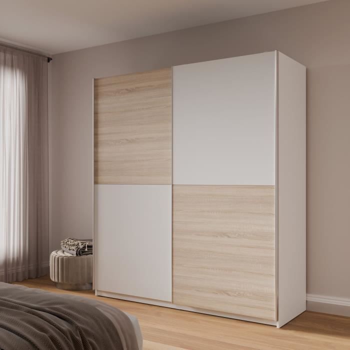 Wardrobe with 2 Sliding Doors - Particle Board - Oak and White Decor - L 170.3 X D 61.2 X H 190.5 Cm - ULOS