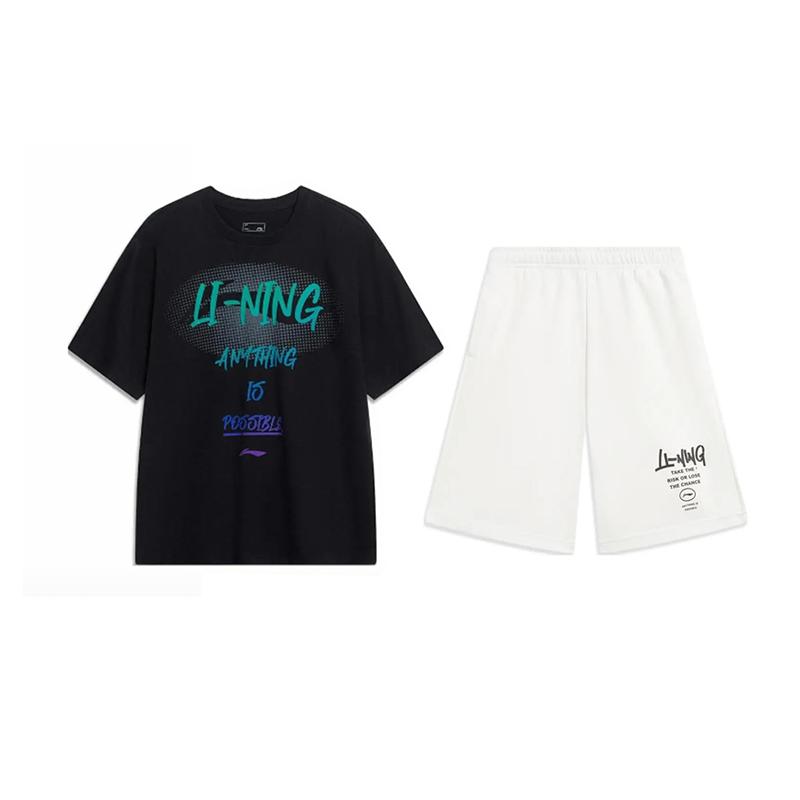 Li Ning Logo Fashion Retro Personality Trend Round Neck Pullover Short Sleeve T-Shirt Casual Sports Set Unisex Tops Black White AHSU803-2+AKST593-7